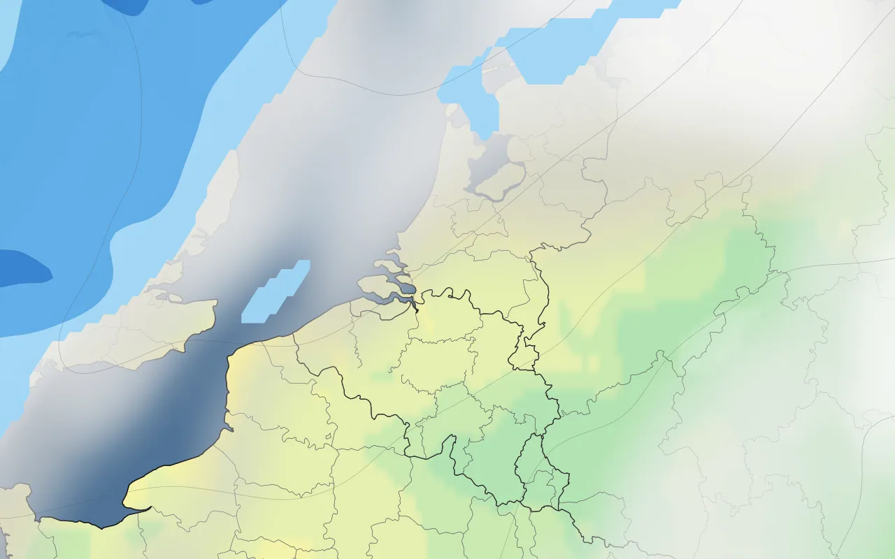 Benelux forecast map — temperature and clouds; Rotterdam marked