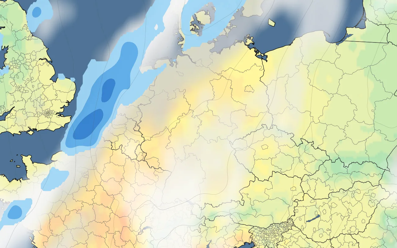 Germany forecast map — temperature and clouds; Cologne marked