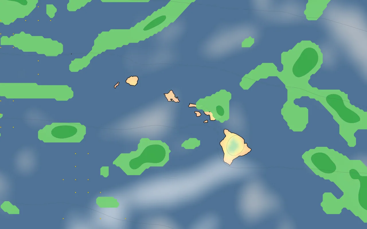 Hawaii forecast map — temperature and clouds; Hilo marked
