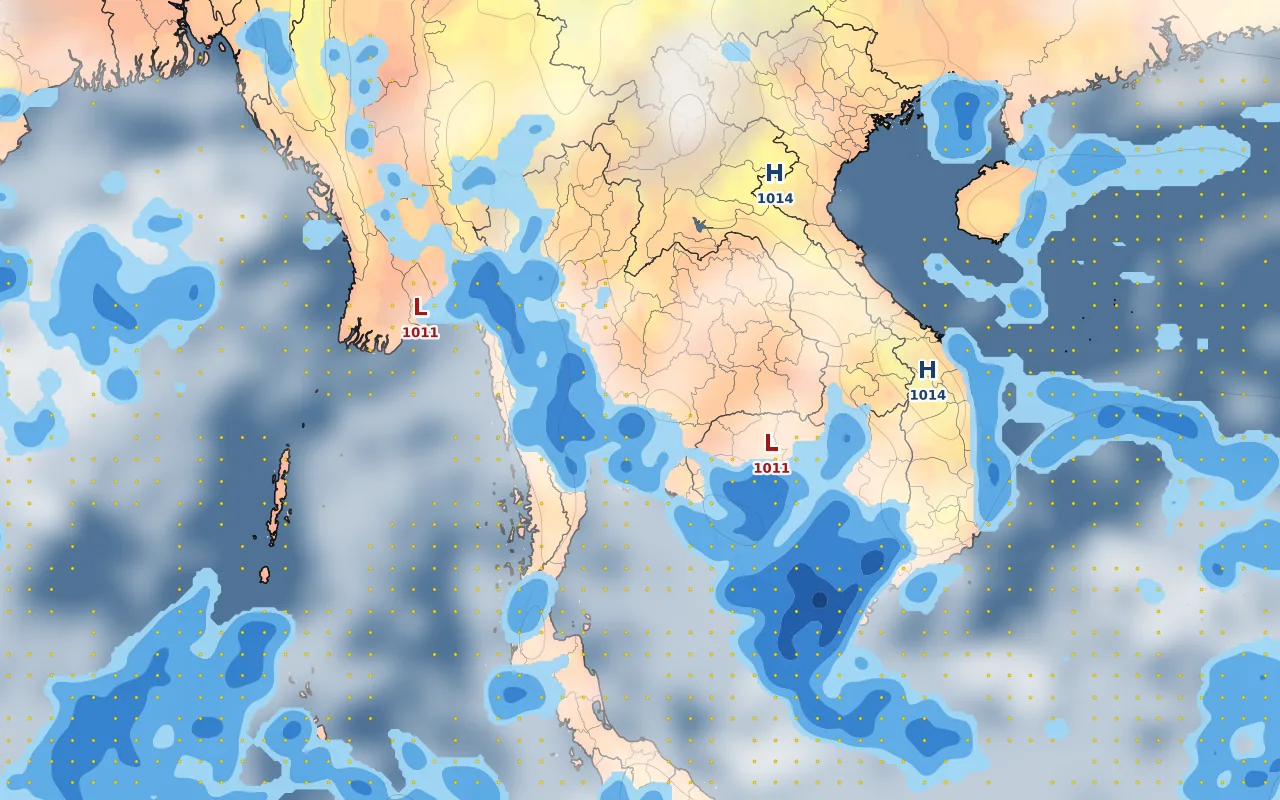 Indochina forecast map — temperature and clouds; Koh Phi Phi marked