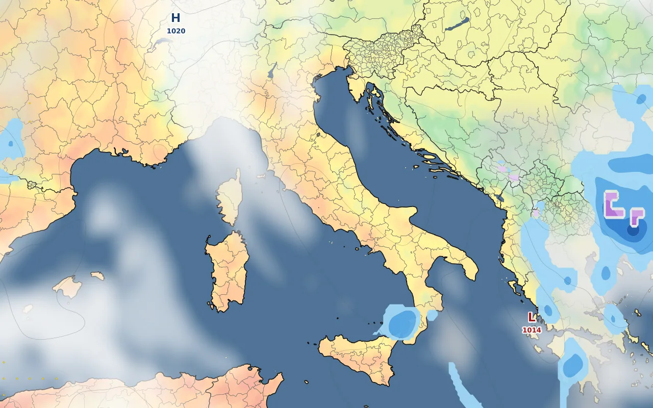 Italy forecast map — temperature and clouds; Como marked