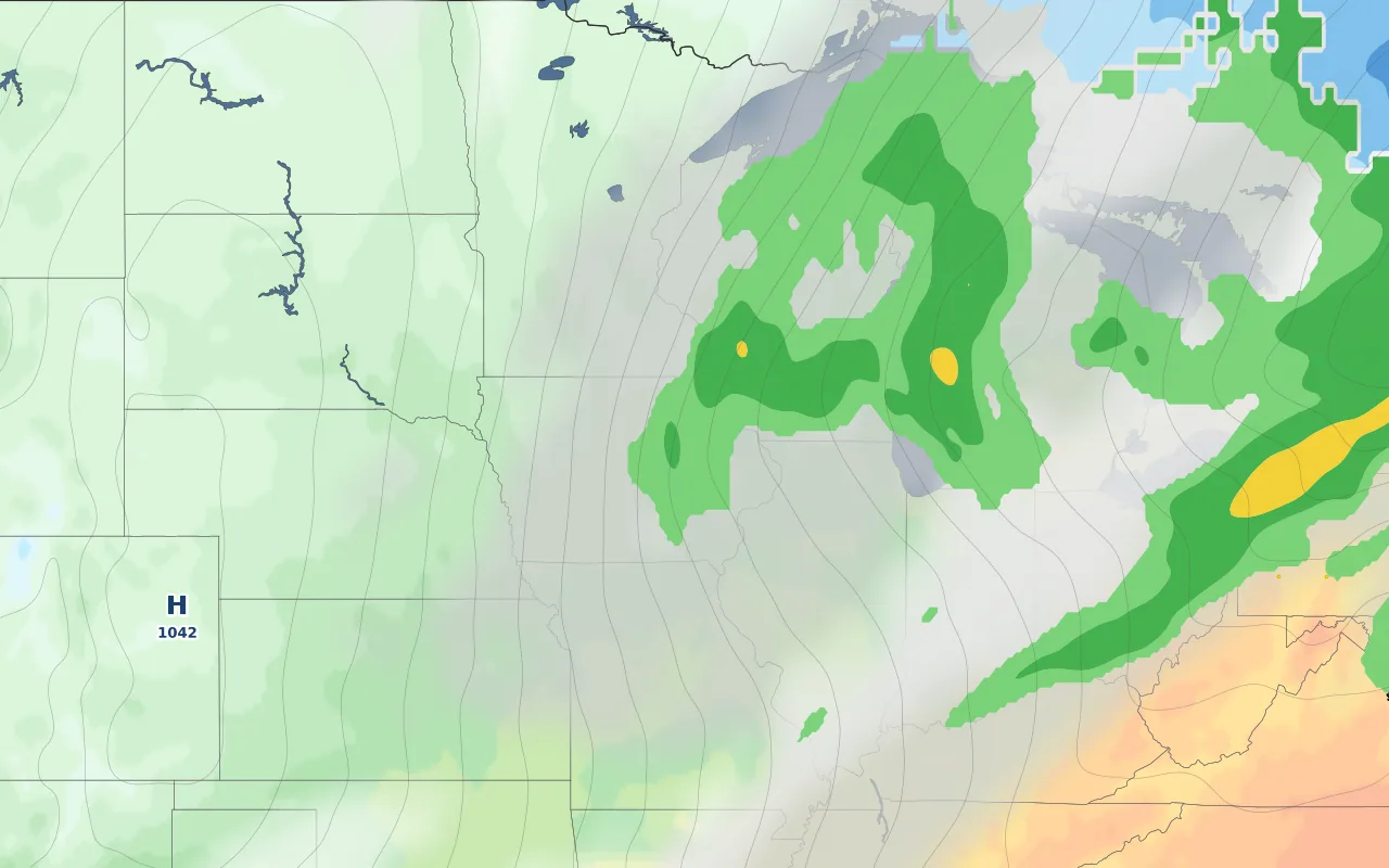 Midwest US forecast map — temperature and clouds; Duluth marked