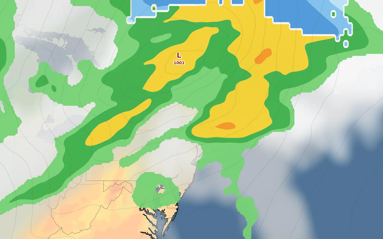 Northeast US forecast map — temperature and clouds; Burlington marked