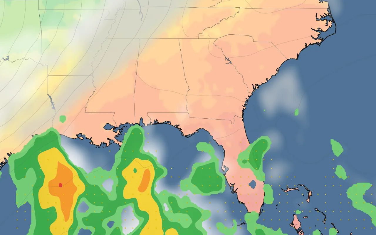 Southeast US forecast map — temperature and clouds; Atlanta marked