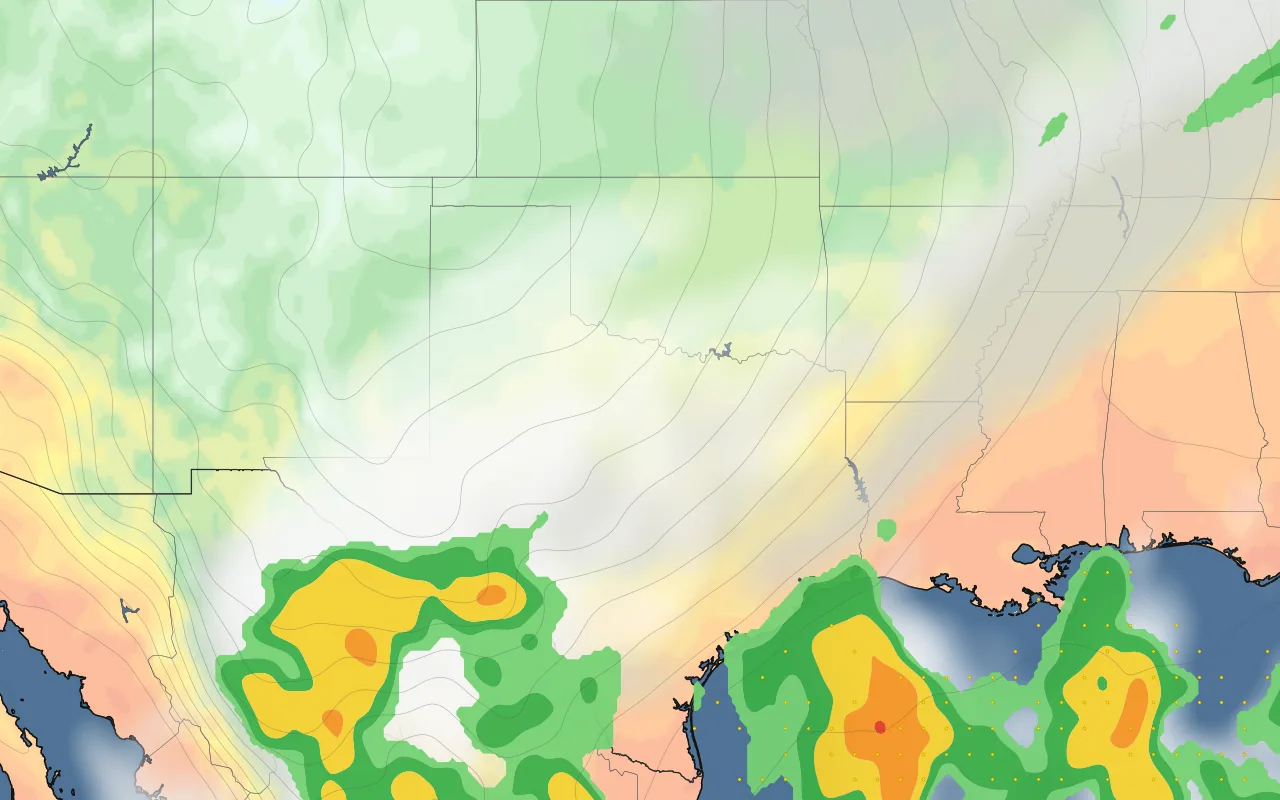 Southern Plains US forecast map — temperature and clouds; Austin marked