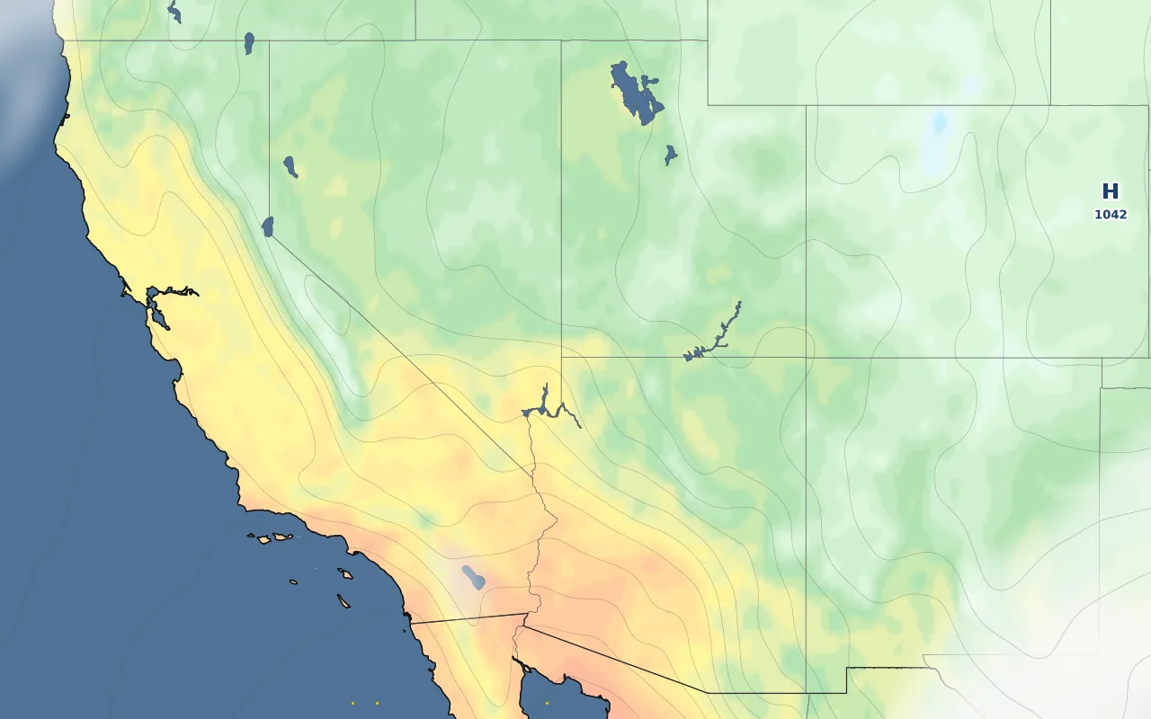 Southwest US forecast map — temperature and clouds; Boulder marked